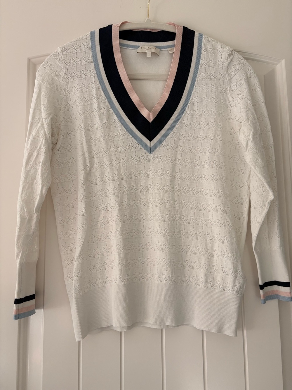 Ted Baker White V-Neck Sweater with Navy, Light Blue and Blush Trim